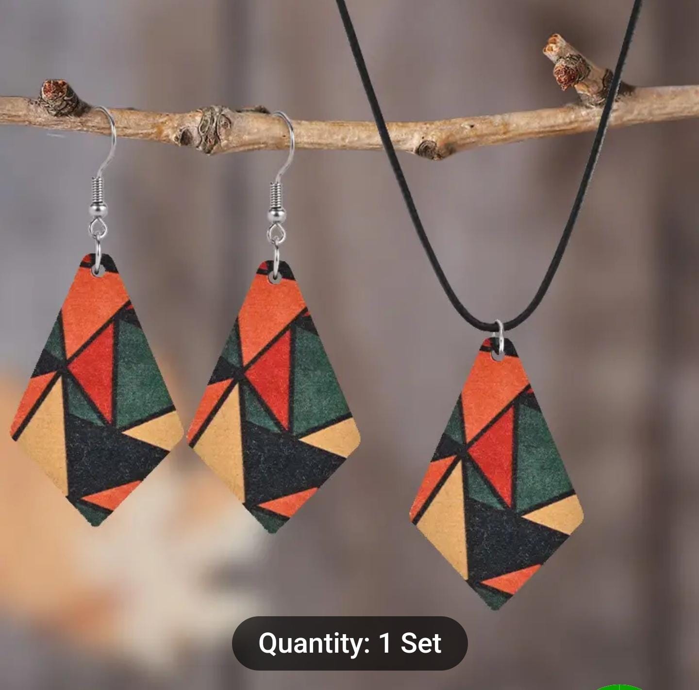 Simple Geometric Acrylic & Wood Splice Design Dangle Earrings And Chain