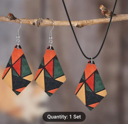 Simple Geometric Acrylic & Wood Splice Design Dangle Earrings And Chain