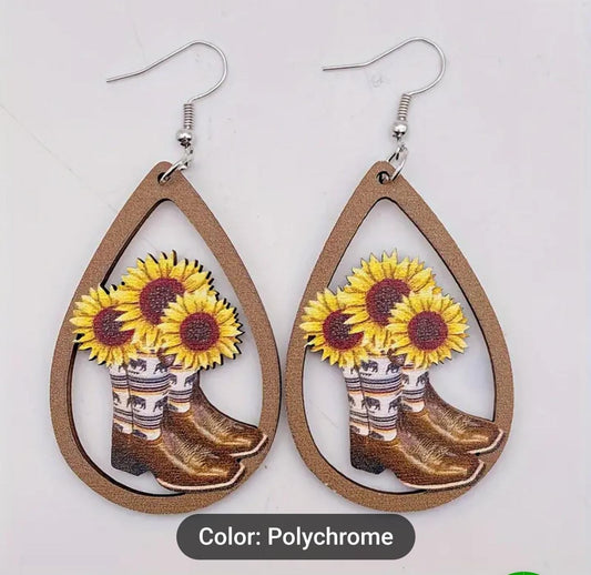 Rustic Wooden Sunflower Dangle Earrings in Germany