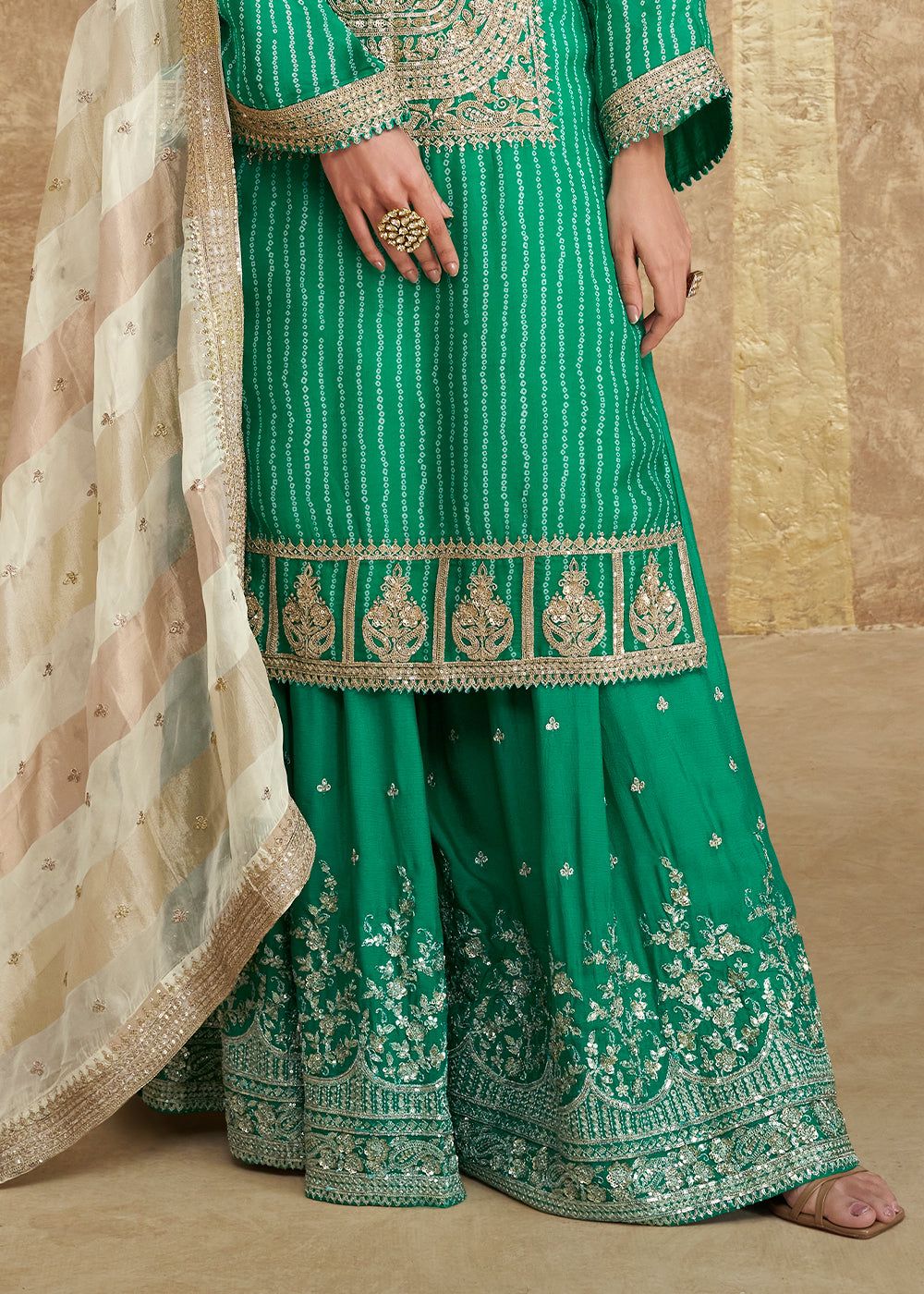 Green Chinon Silk Embellished Sequins Suit Set in Germany