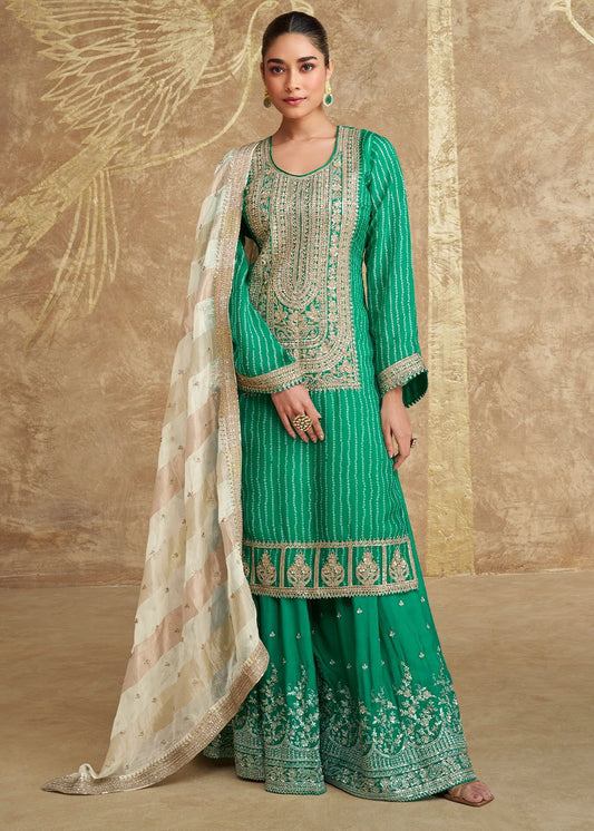 Green Chinon Silk Embellished Sequins Suit Set in Germany