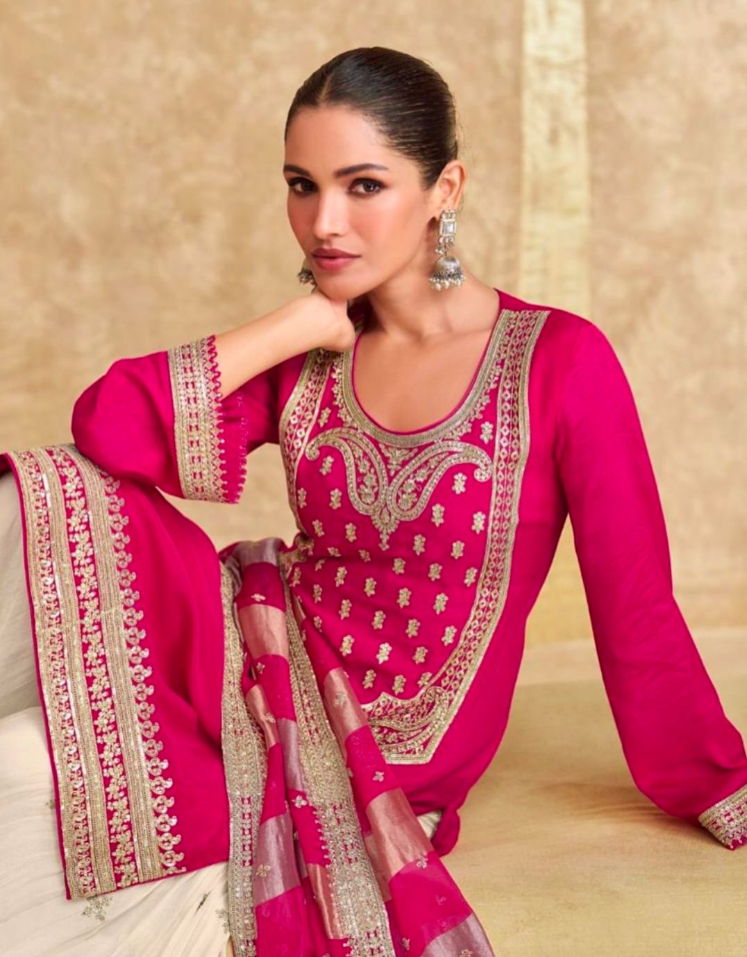 Embroidered Chinon Silk Pakistani Suit in Pink in Germany