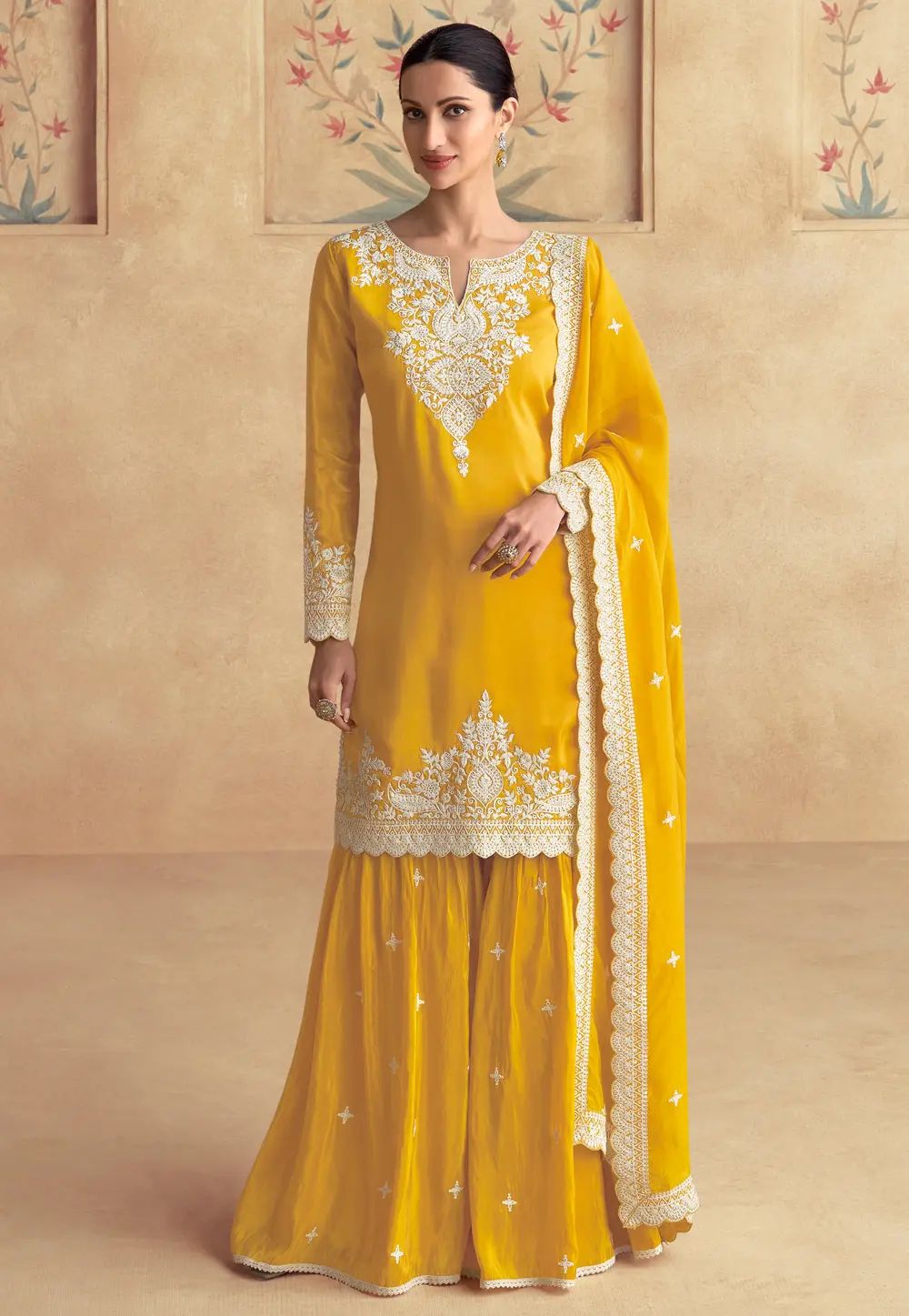 Yellow Floral Embroidered Sharara Set in Berlin