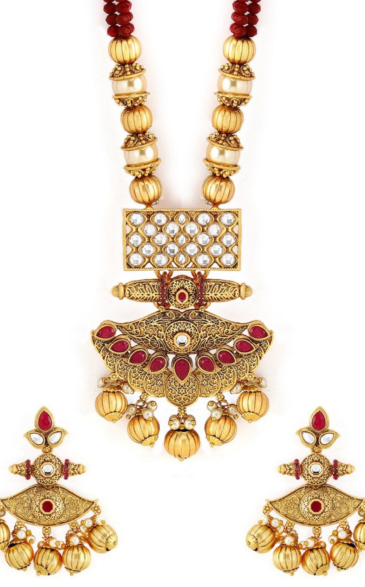 Women Anrique Gold-Toned & Red Embellished Temple Jewellery Set