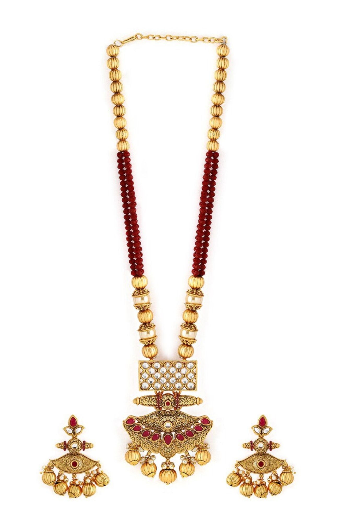 Women Anrique Gold-Toned & Red Embellished Temple Jewellery Set