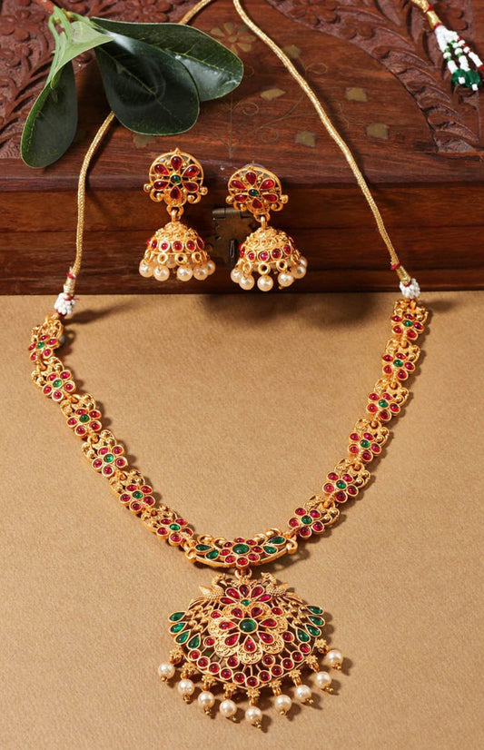 Gold-Plated Red & Green Stone-Studded Jewellery Set in Germany
