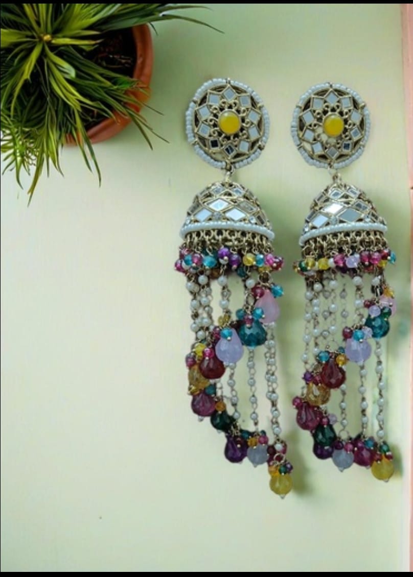 Premium Unique Mirror And Beads Jhumki Earrings in Germany