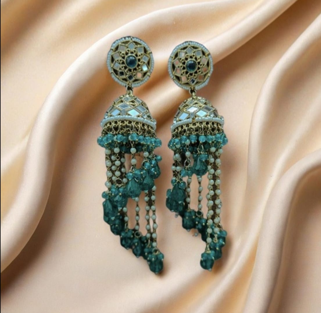 Premium Unique Mirror And Beads Jhumki Earrings in Germany