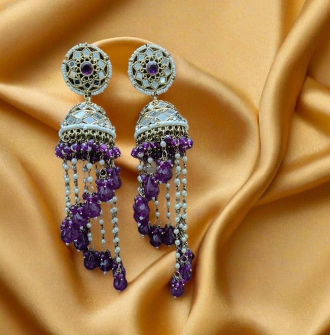 Premium Unique Mirror And Beads Jhumki Earrings in Germany
