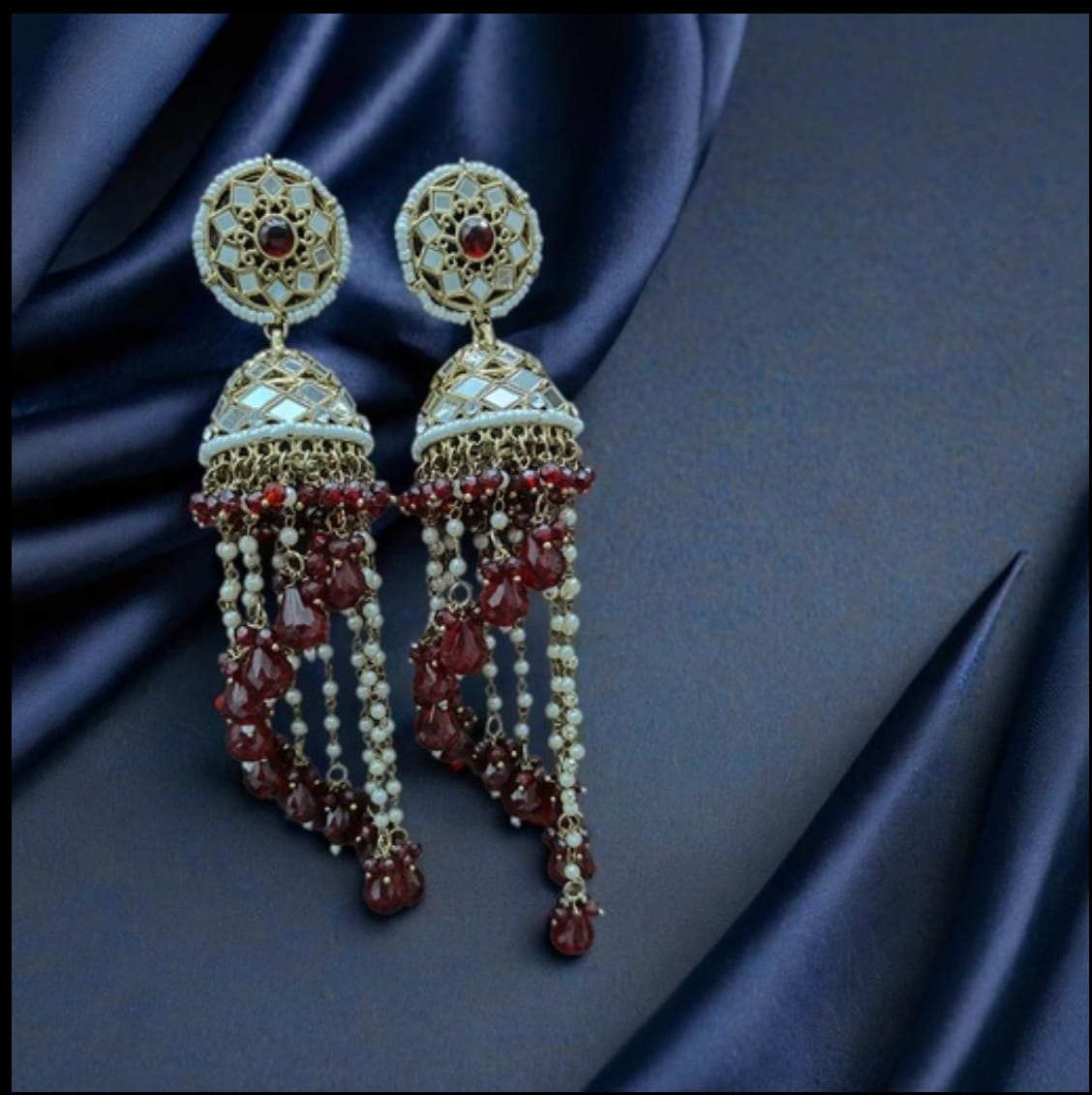 Premium Unique Mirror And Beads Jhumki Earrings in Germany