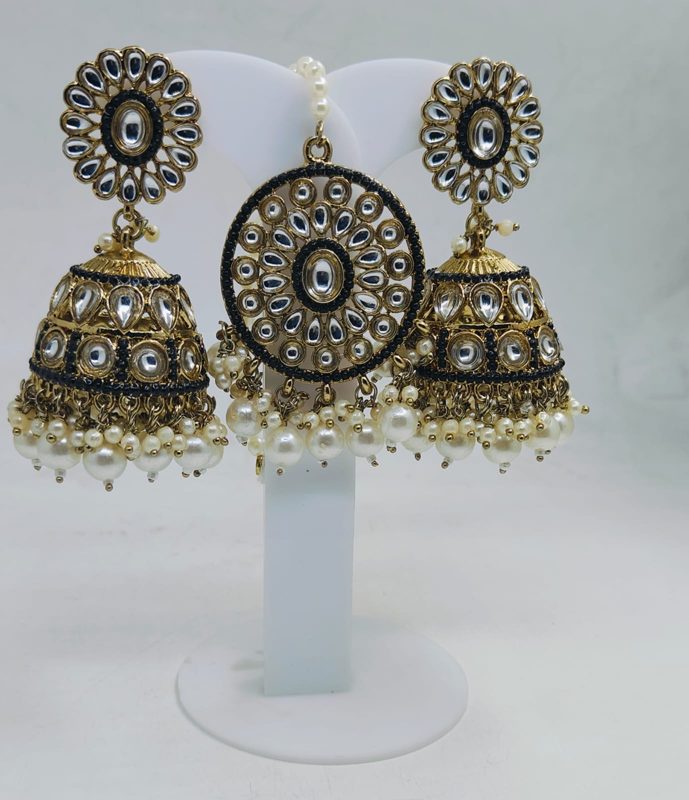 PEARL STUDDED TRADITIONAL JUMKHA EARRINGS AND MANGTIKKA FOR WOMEN IN GERMANY