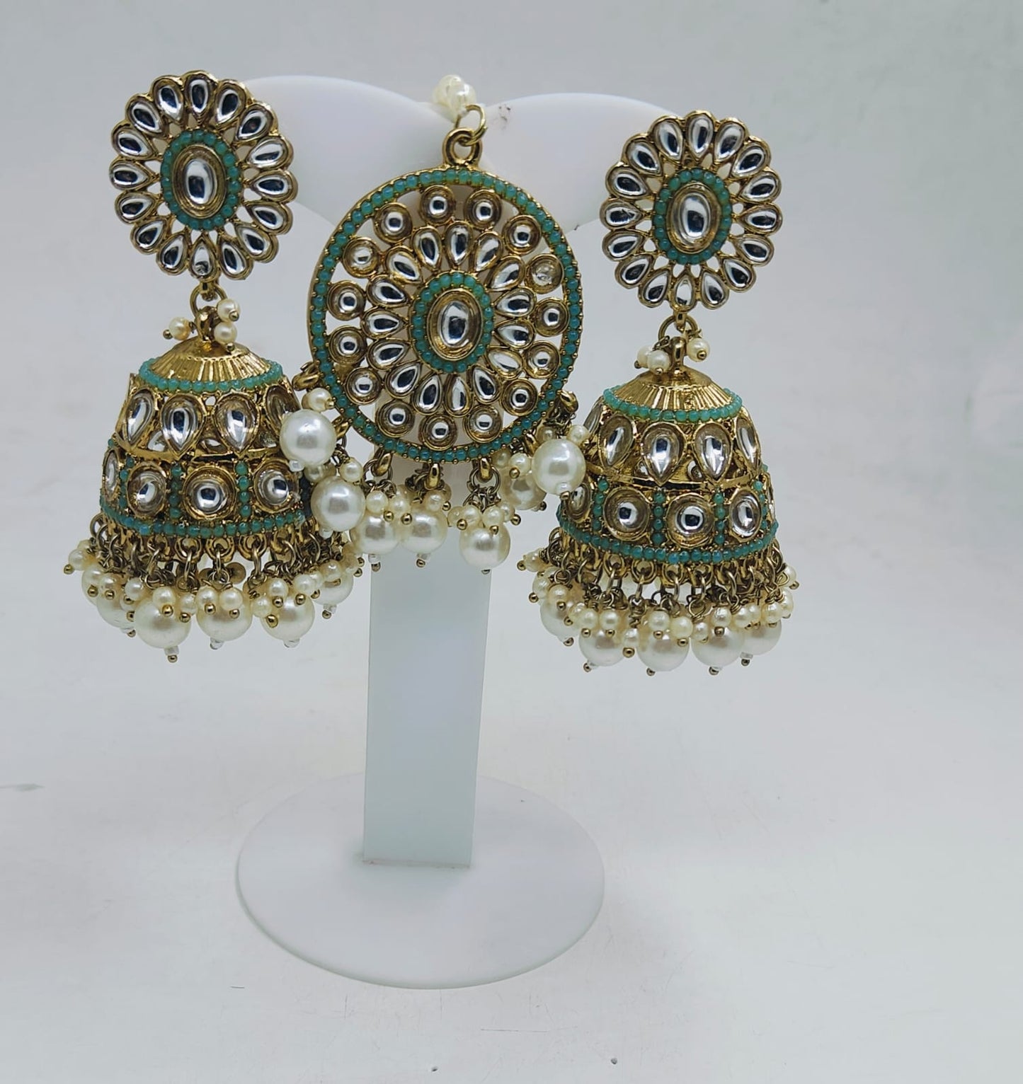 PEARL STUDDED TRADITIONAL JUMKHA EARRINGS AND MANGTIKKA FOR WOMEN IN GERMANY