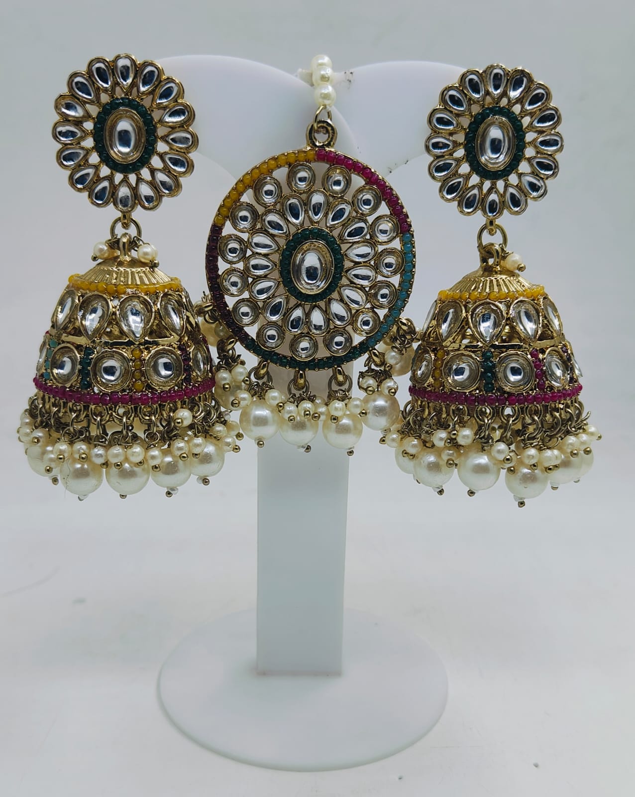 PEARL STUDDED TRADITIONAL JUMKHA EARRINGS AND MANGTIKKA FOR WOMEN IN GERMANY
