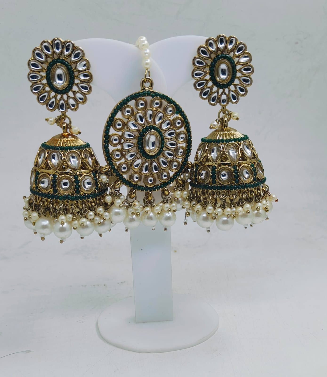 PEARL STUDDED TRADITIONAL JUMKHA EARRINGS AND MANGTIKKA FOR WOMEN IN GERMANY