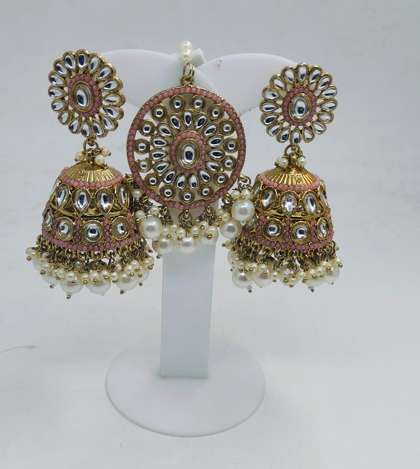 PEARL STUDDED TRADITIONAL JUMKHA EARRINGS AND MANGTIKKA FOR WOMEN IN GERMANY