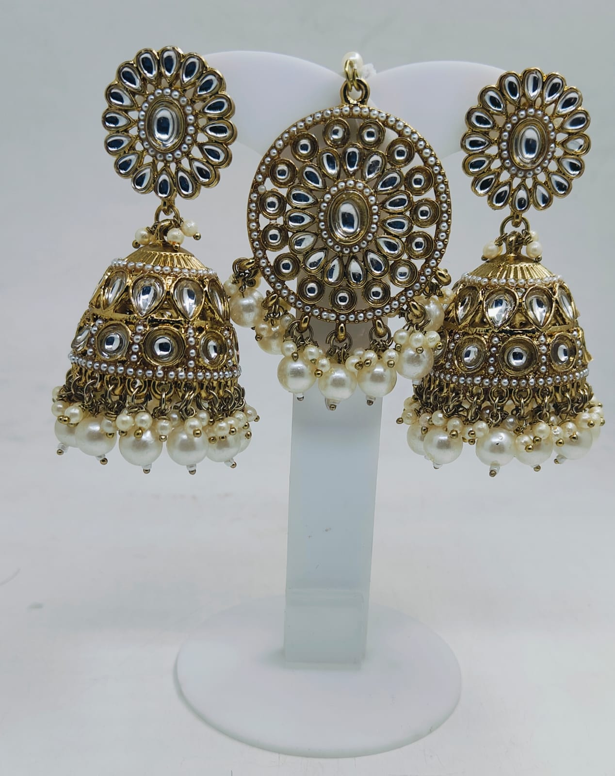 PEARL STUDDED TRADITIONAL JUMKHA EARRINGS AND MANGTIKKA FOR WOMEN IN GERMANY