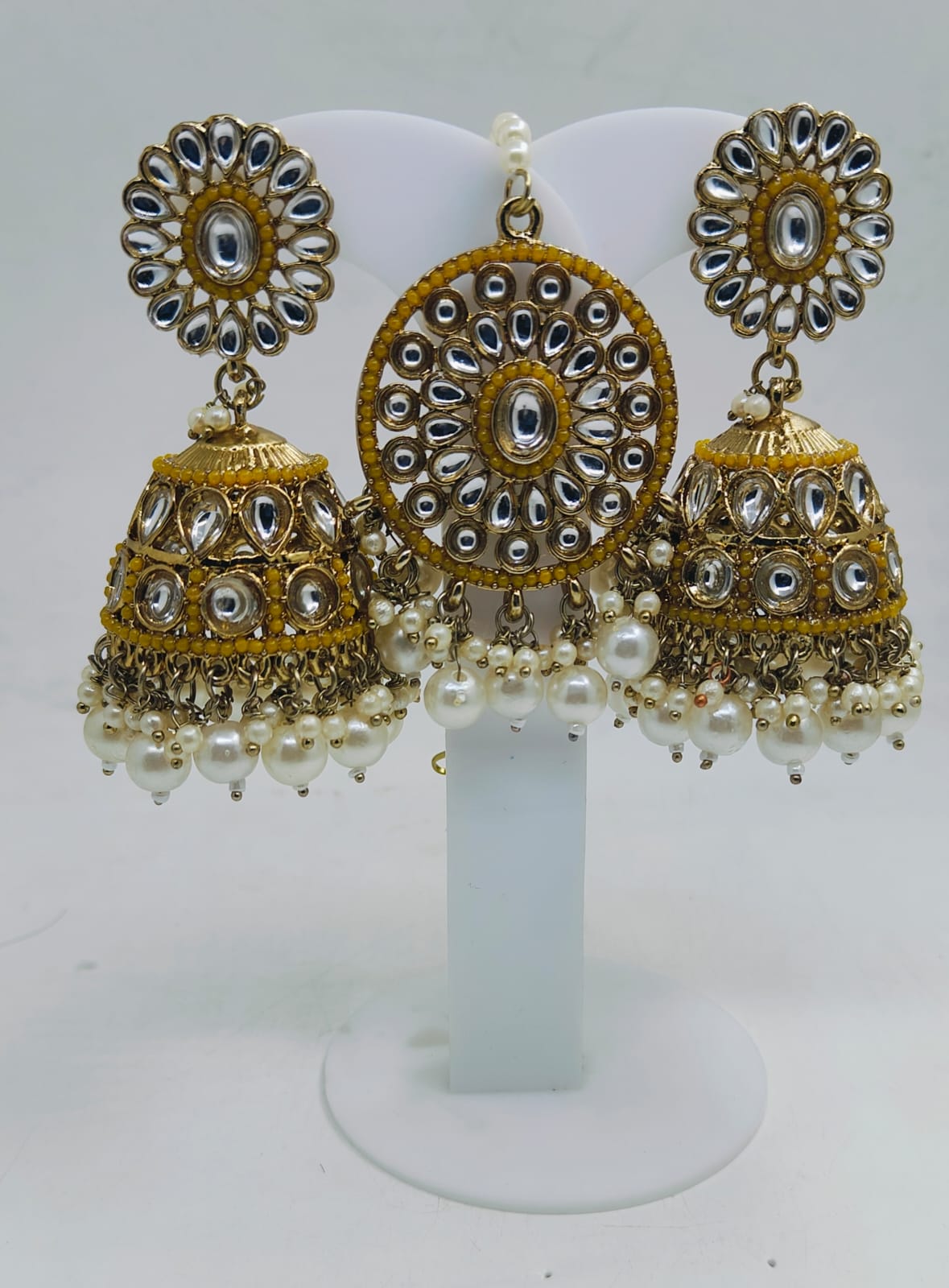 PEARL STUDDED TRADITIONAL JUMKHA EARRINGS AND MANGTIKKA FOR WOMEN IN GERMANY