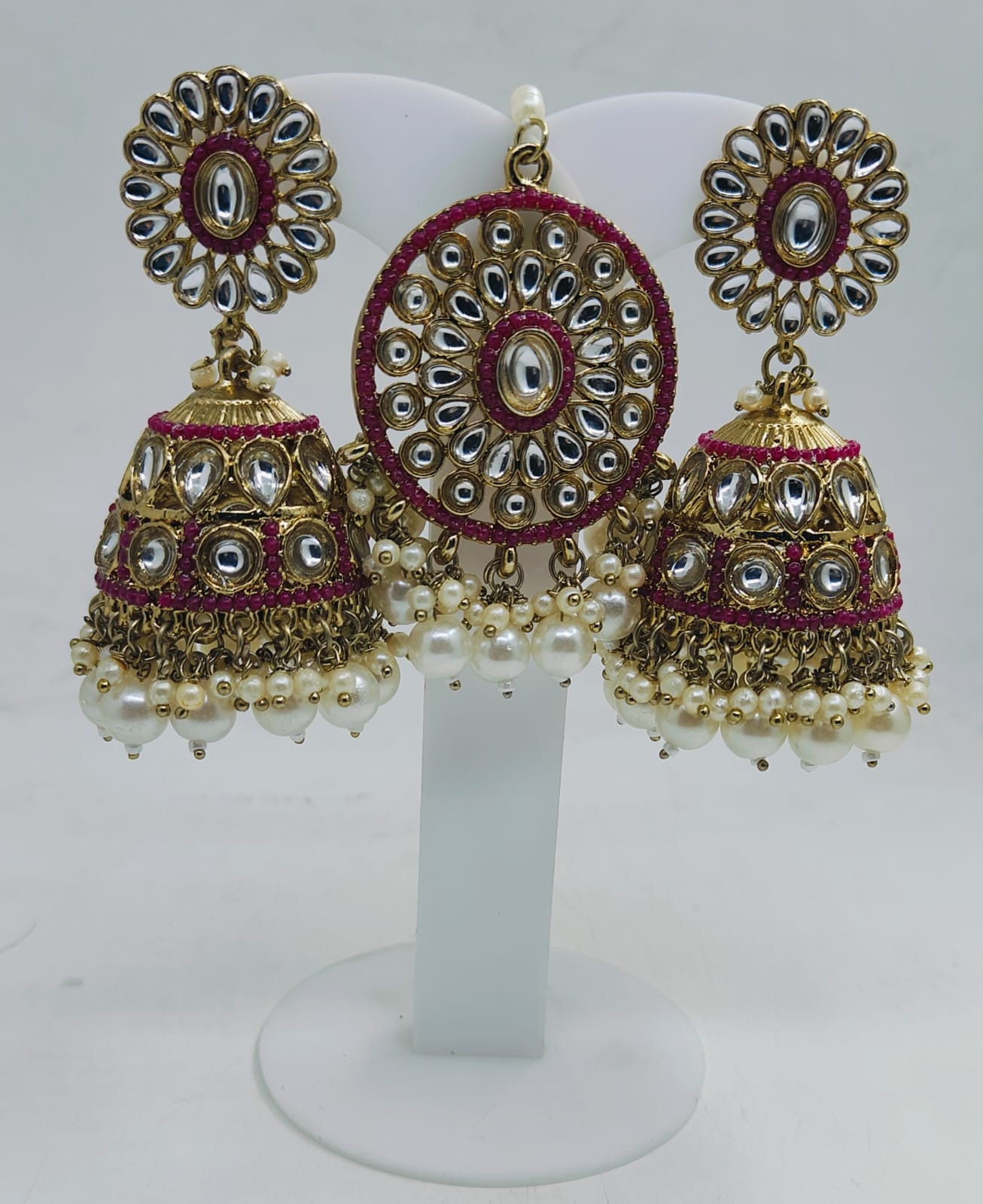 PEARL STUDDED TRADITIONAL JUMKHA EARRINGS AND MANGTIKKA FOR WOMEN IN GERMANY