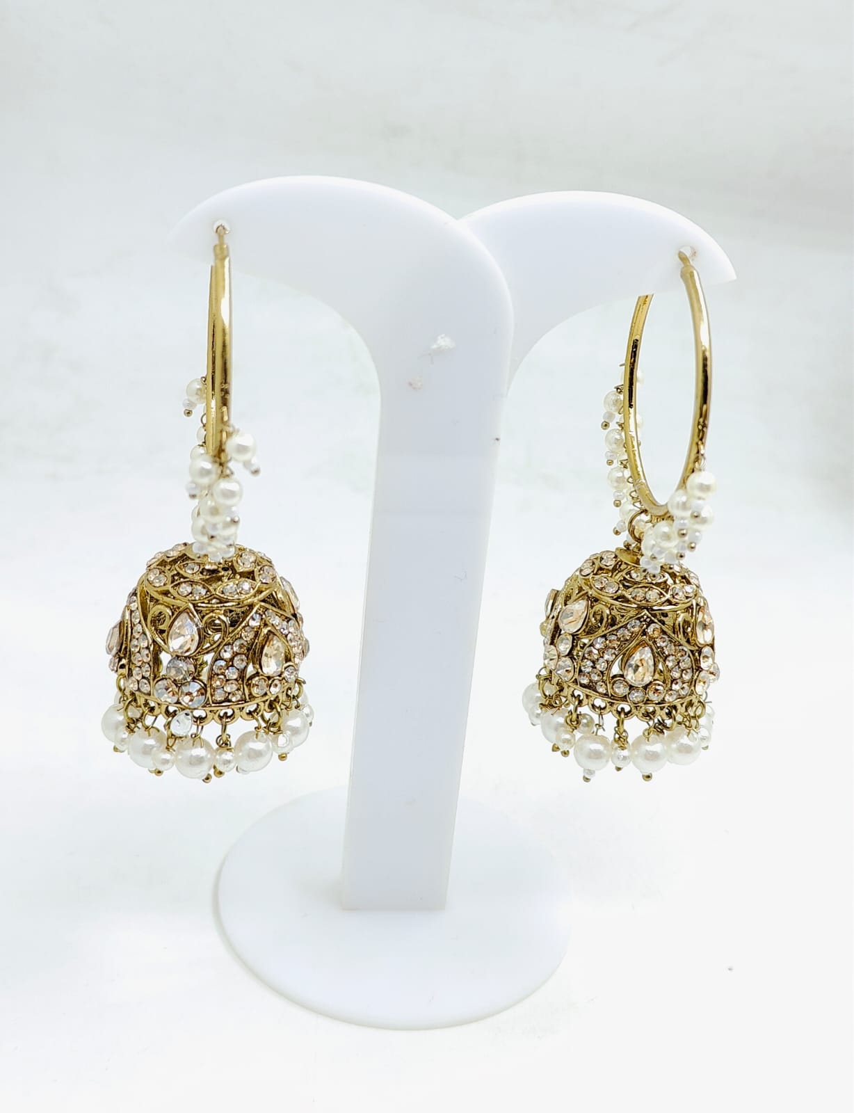 Stunning Golden Plated Jhumki with white hanging beads in Germany