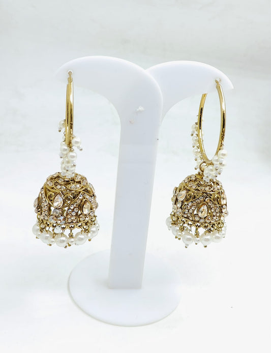 Stunning Golden Plated Jhumki with white hanging beads in Germany