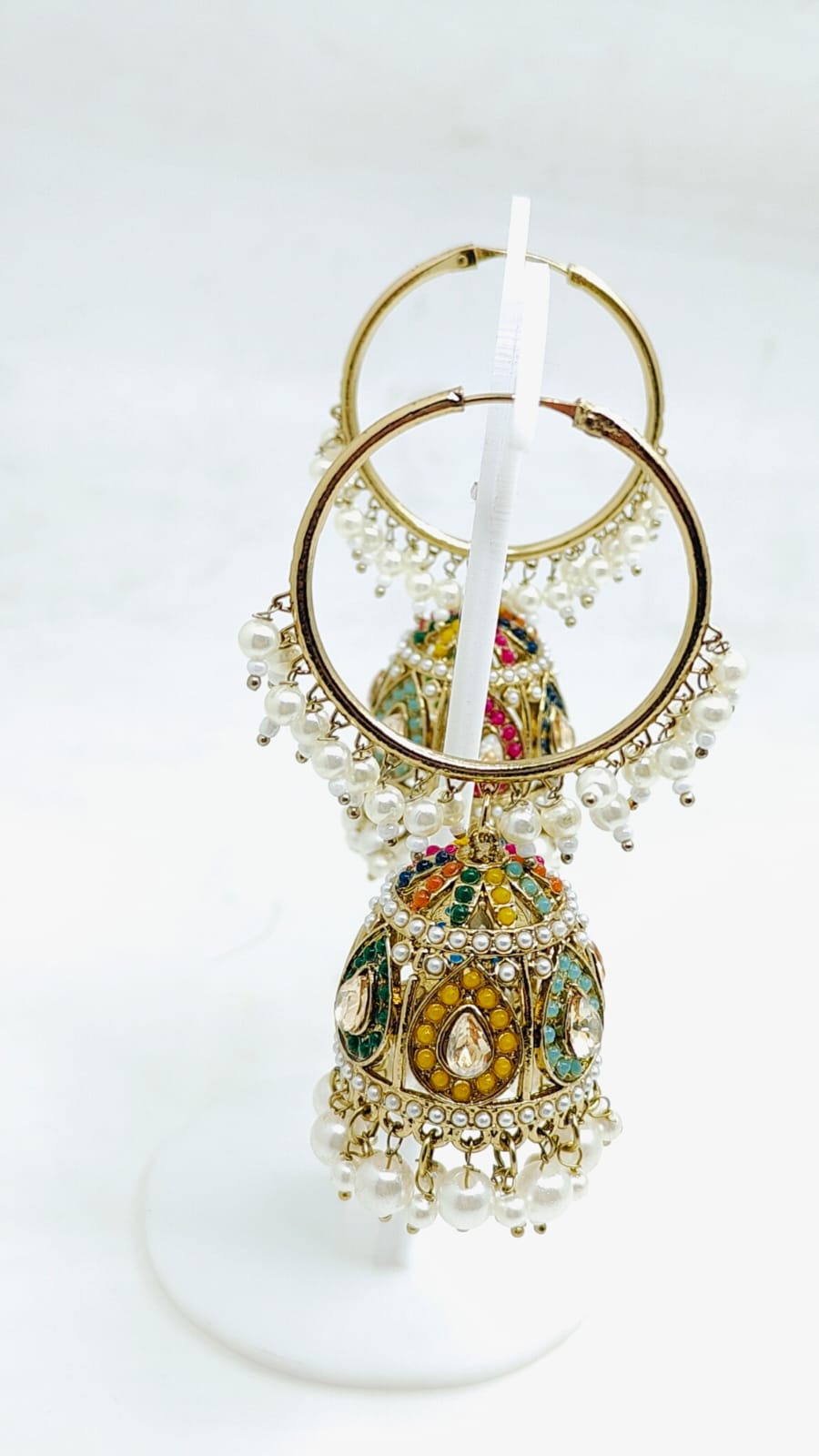 Stunning Golden Plated Jhumki with white hanging beads in Germany