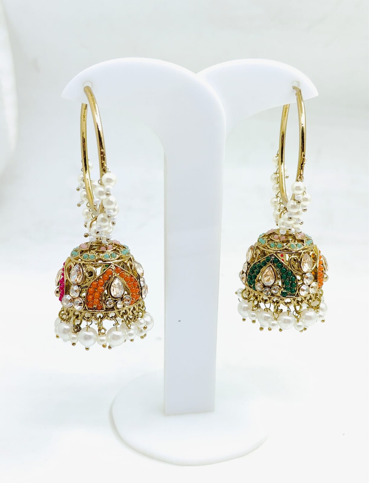 Stunning Golden Plated Jhumki with white hanging beads in Germany