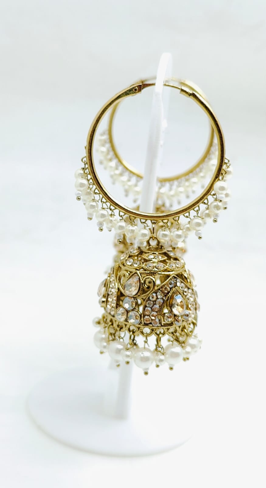 Stunning Golden Plated Jhumki with white hanging beads in Germany