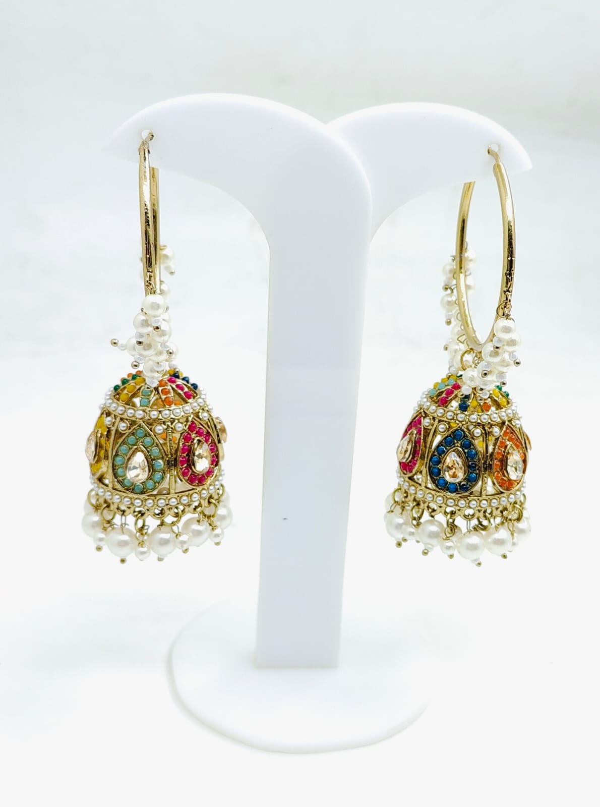 Stunning Golden Plated Jhumki with white hanging beads in Germany