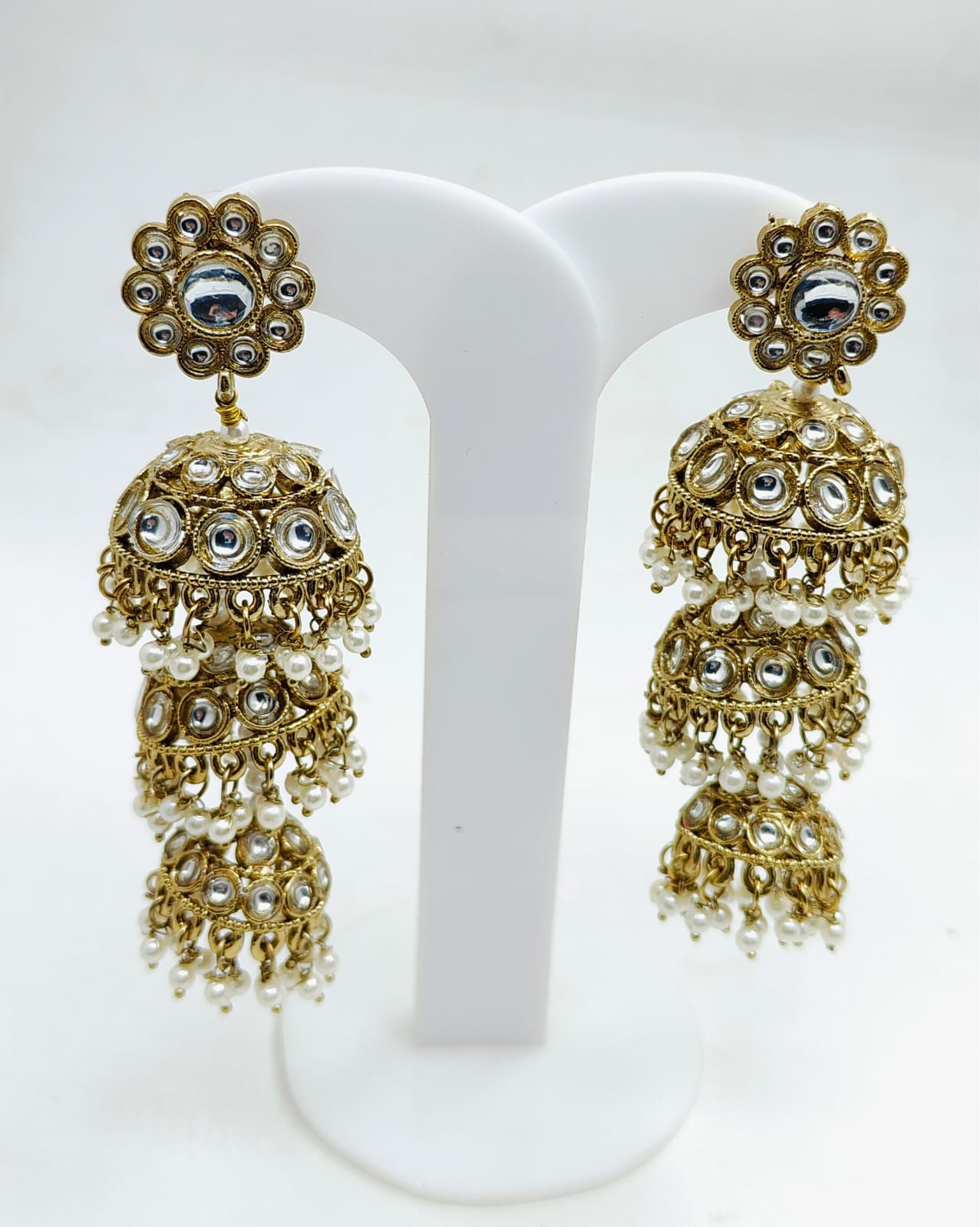Stunning Golden Plated Jhumki with white hanging beads in Germany