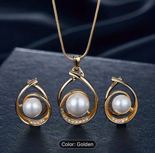 Three-dimensional Spiral Water Drop Faux Pearl Necklace Earrings Jewelry Set in Germany