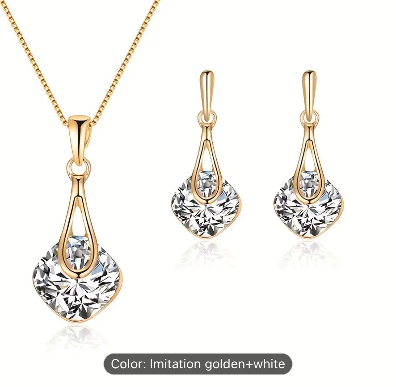 Water Drop Pendant Square Rhinestone Ear Stud Earrings Necklace in Berlin