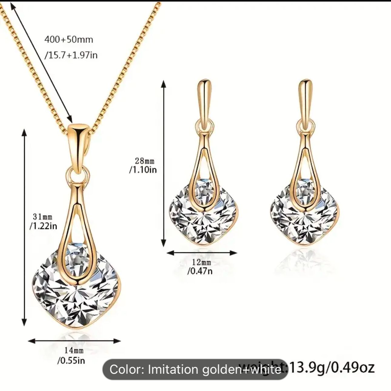 Water Drop Pendant Square Rhinestone Ear Stud Earrings Necklace in Berlin