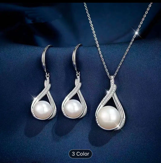 Sterling Silver Twisted Drop Pearl Necklace and Earrings set in Munich