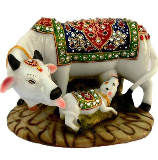 Decorative Marble Kamdhenu Cow and Calf Big Handcrafted Statue in Germany