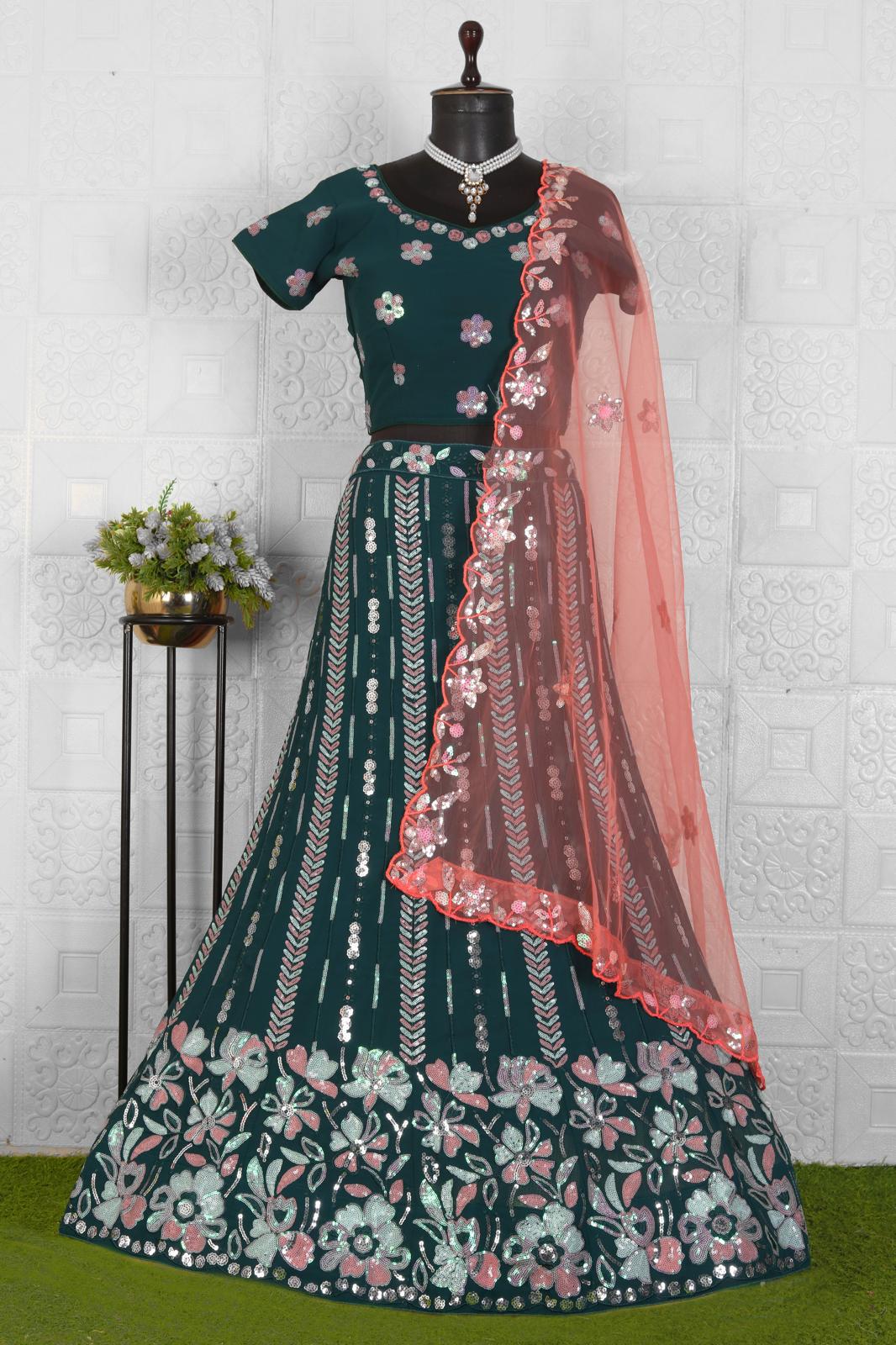 Embroidered Dark Green Silk Flared Style Lehenga in Germany
