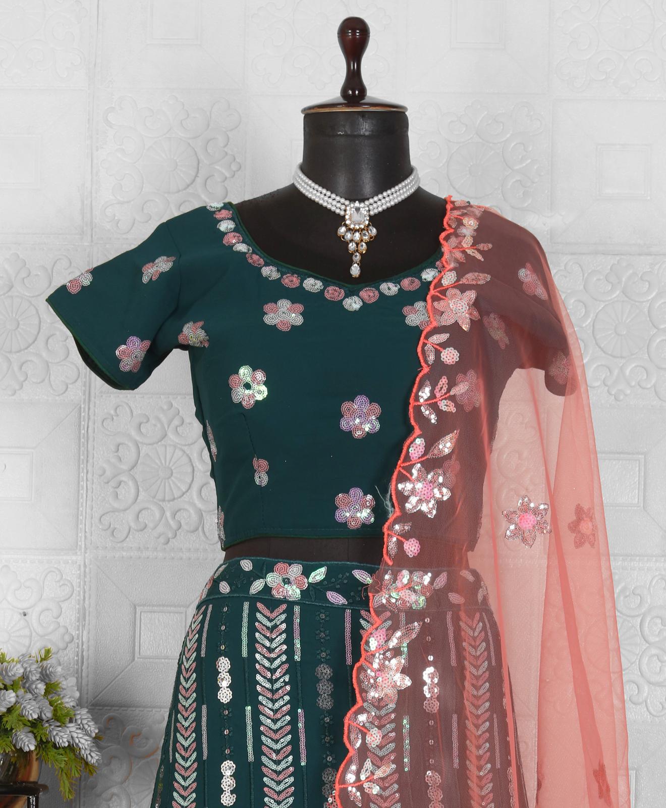 Embroidered Dark Green Silk Flared Style Lehenga in Germany