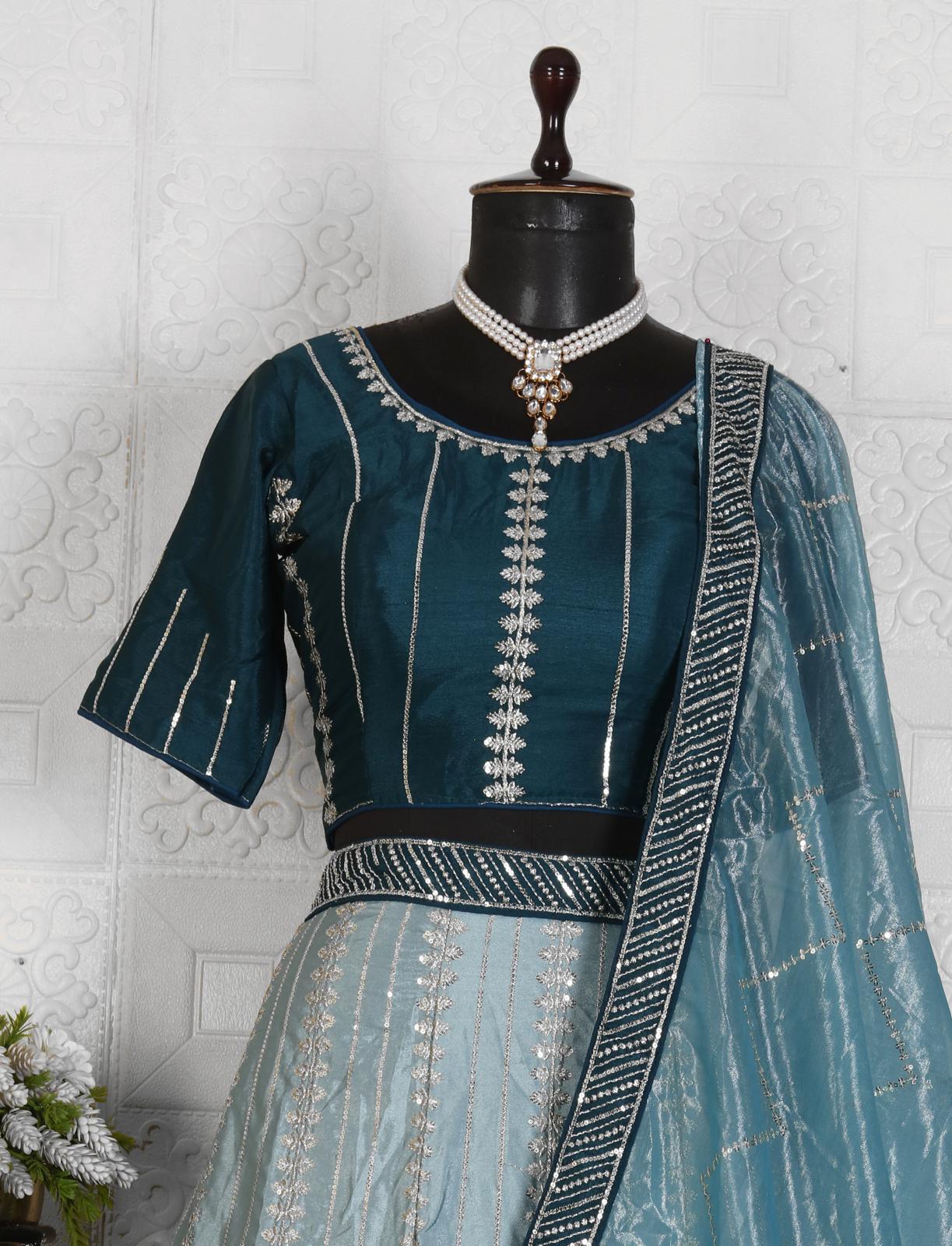 Blue Sequins Embroidered Satin Lehenga Choli in Munich