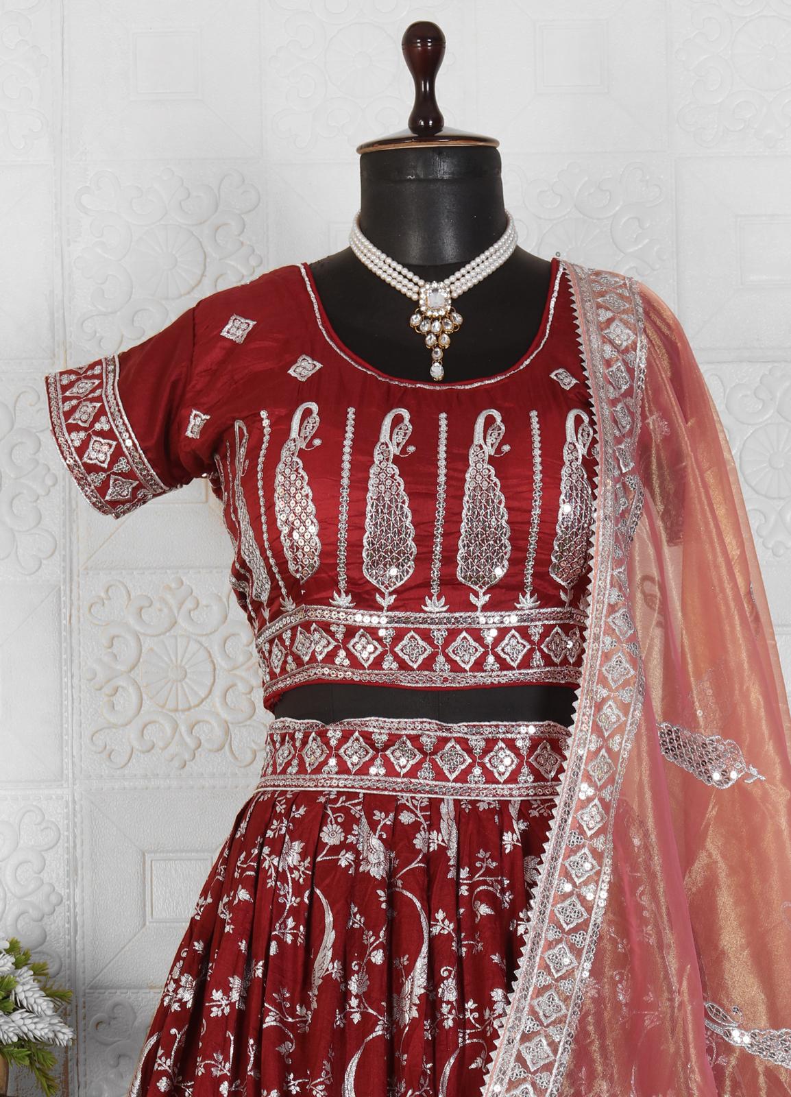 MAROON COLOR PURE VISCOSE JACQUARD LEHENGA CHOLI in Germany