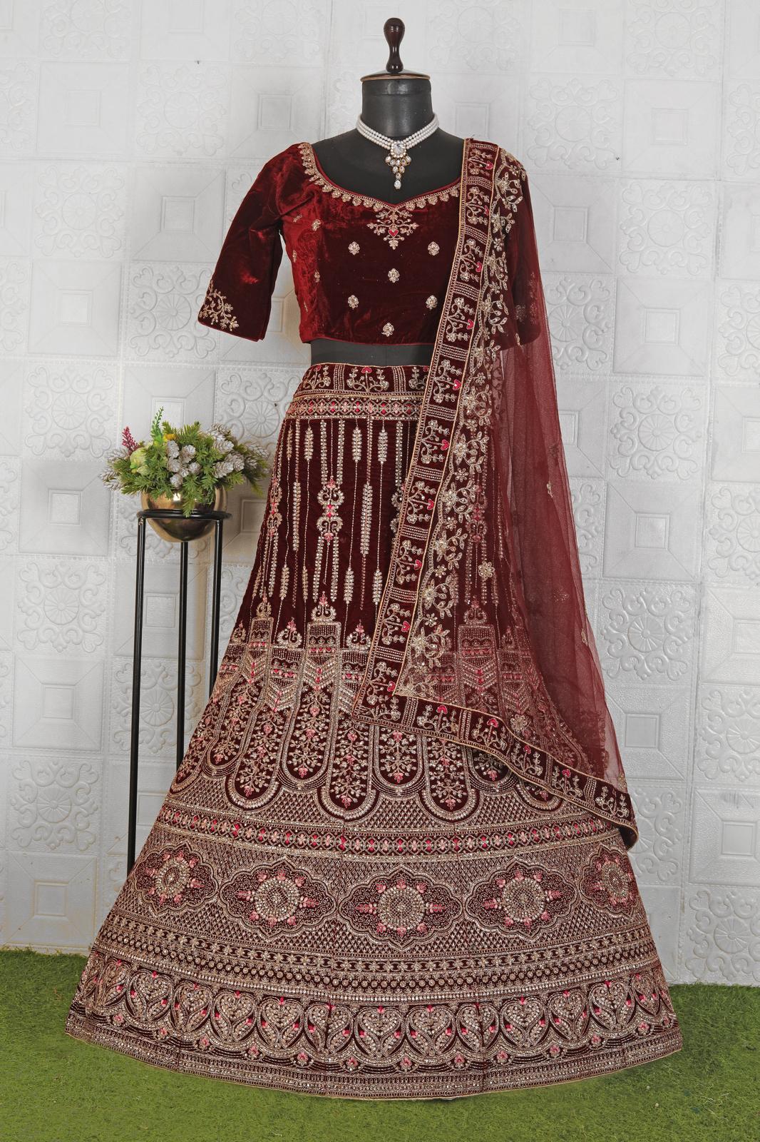 Amazing Maroon Velvet Bridal Lehenga Choli With Dupatta in Berlin