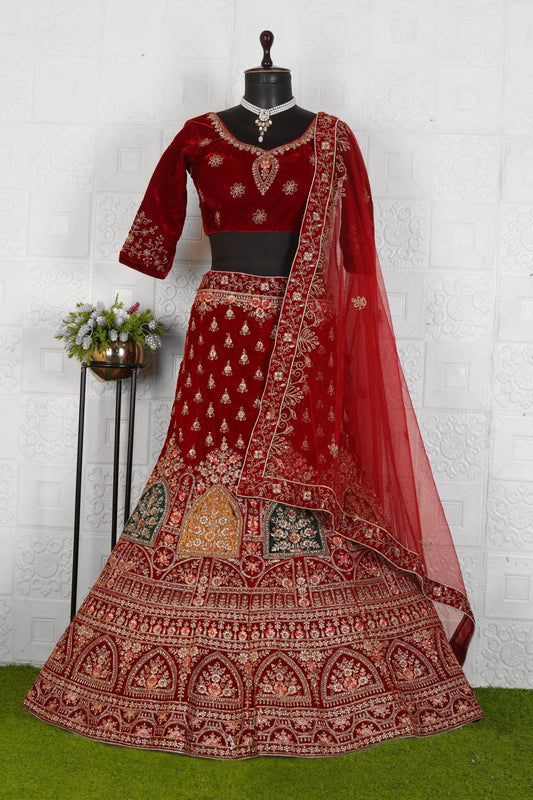 Red Multi-Work Velvet Bridal Lehenga Choli in Germany