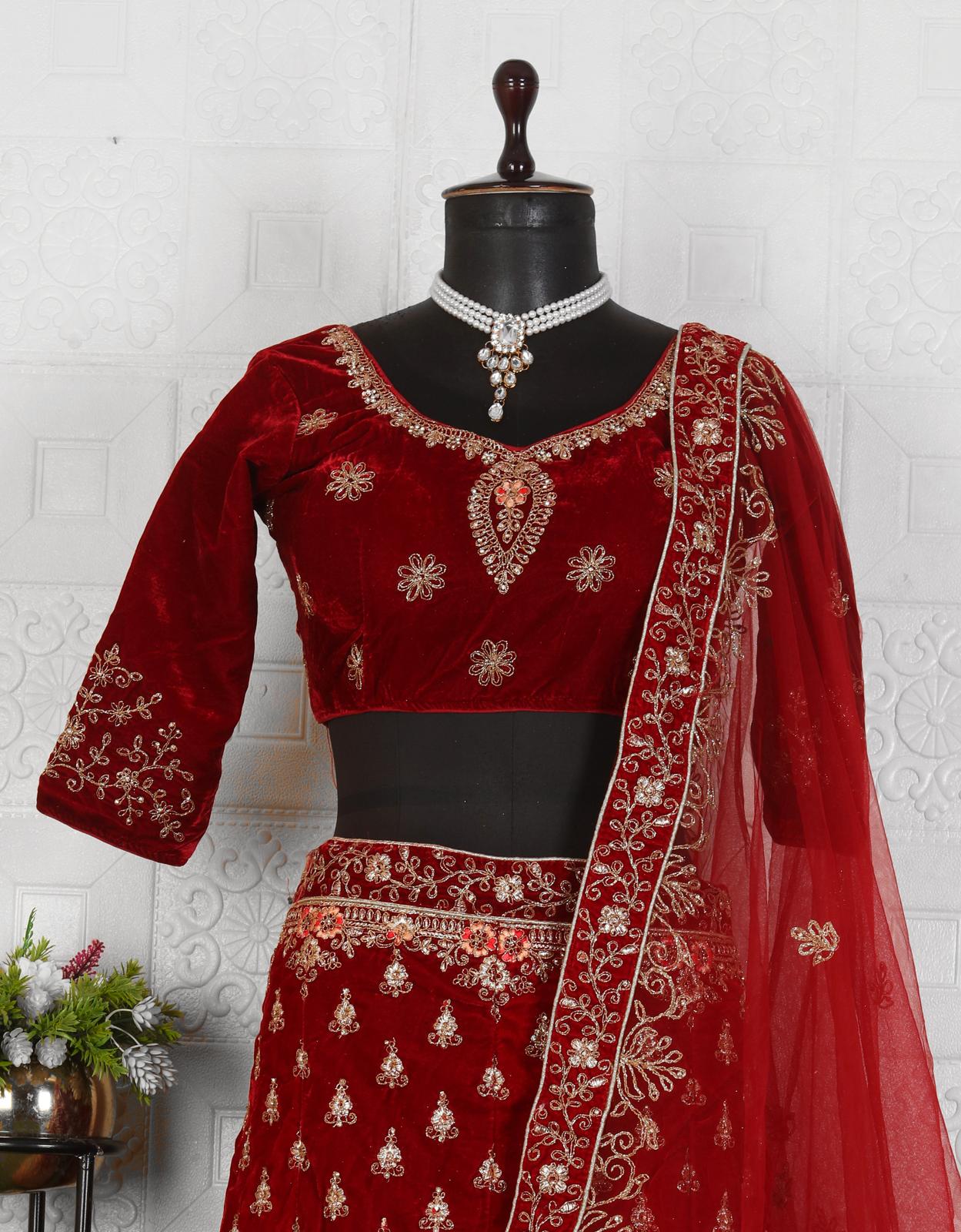 Red Multi-Work Velvet Bridal Lehenga Choli in Germany