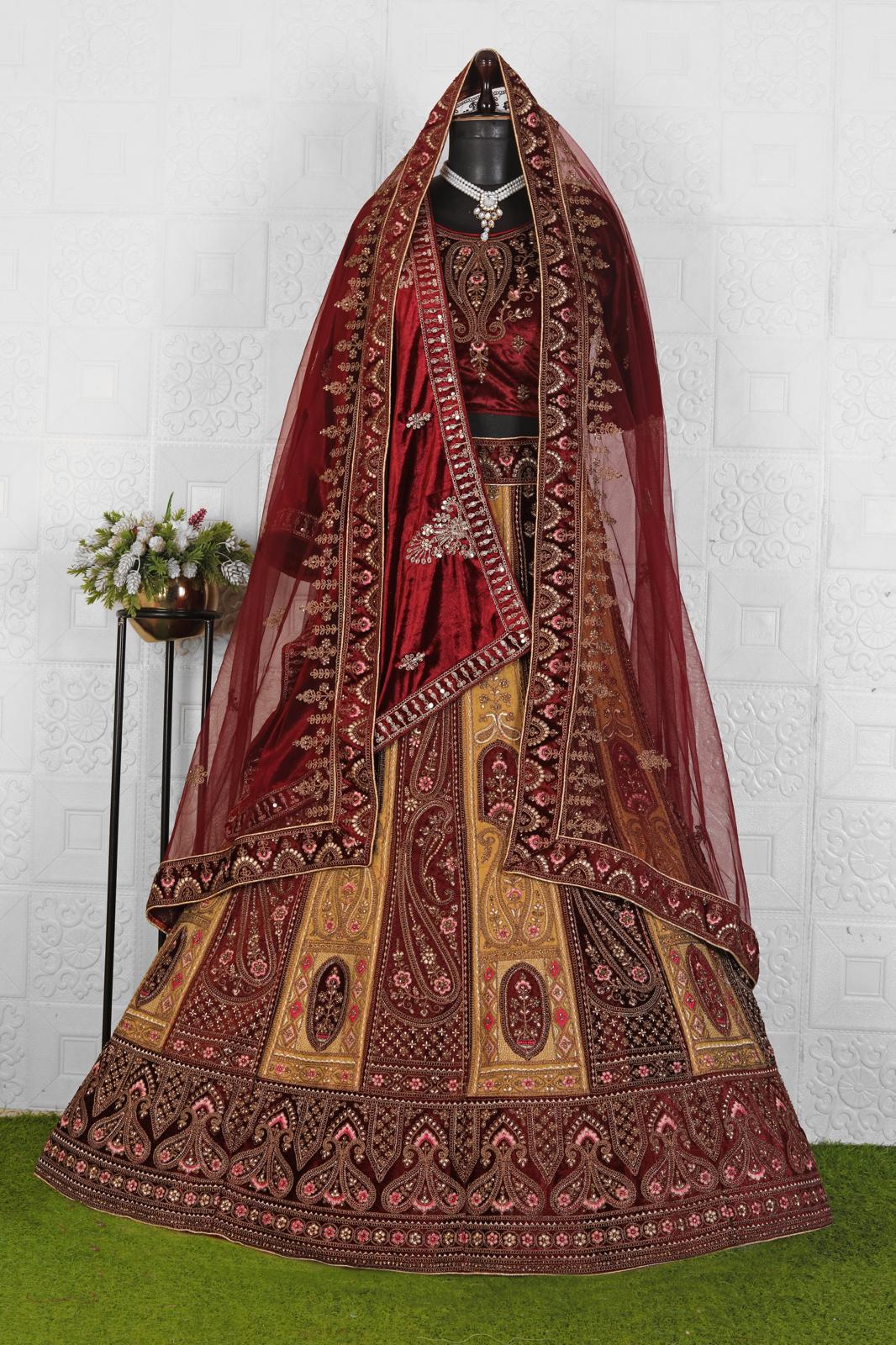 Maroon Multi-Work Velvet Bridal Lehenga Choli in Germany
