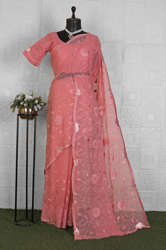 Pink Organic Chiffon Embroidered Saree Set