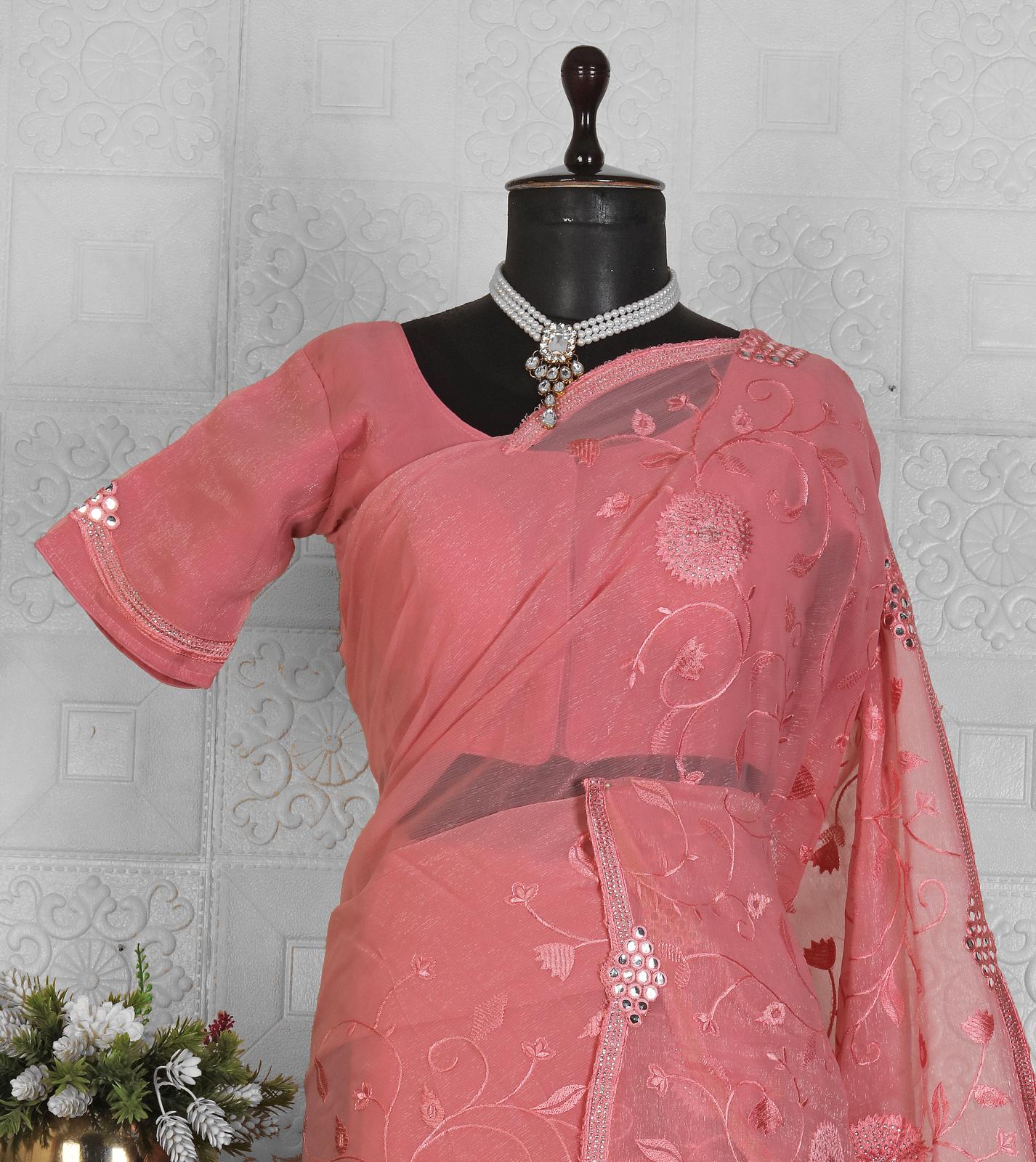 Pink Organic Chiffon Embroidered Saree Set