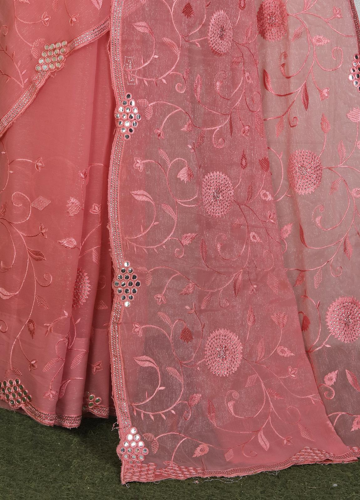 Pink Organic Chiffon Embroidered Saree Set
