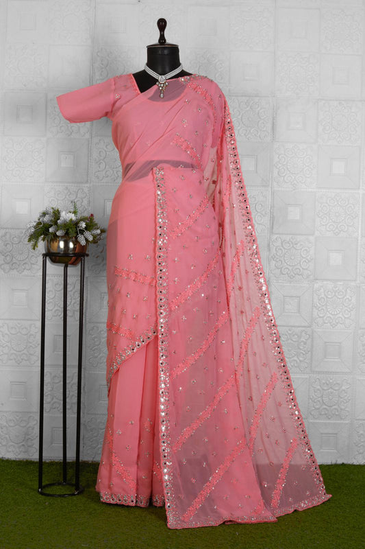 GEORGETTE  SAREE WITH MIRROR WORK WITH STITCHED BLOUSE IN BERLIN