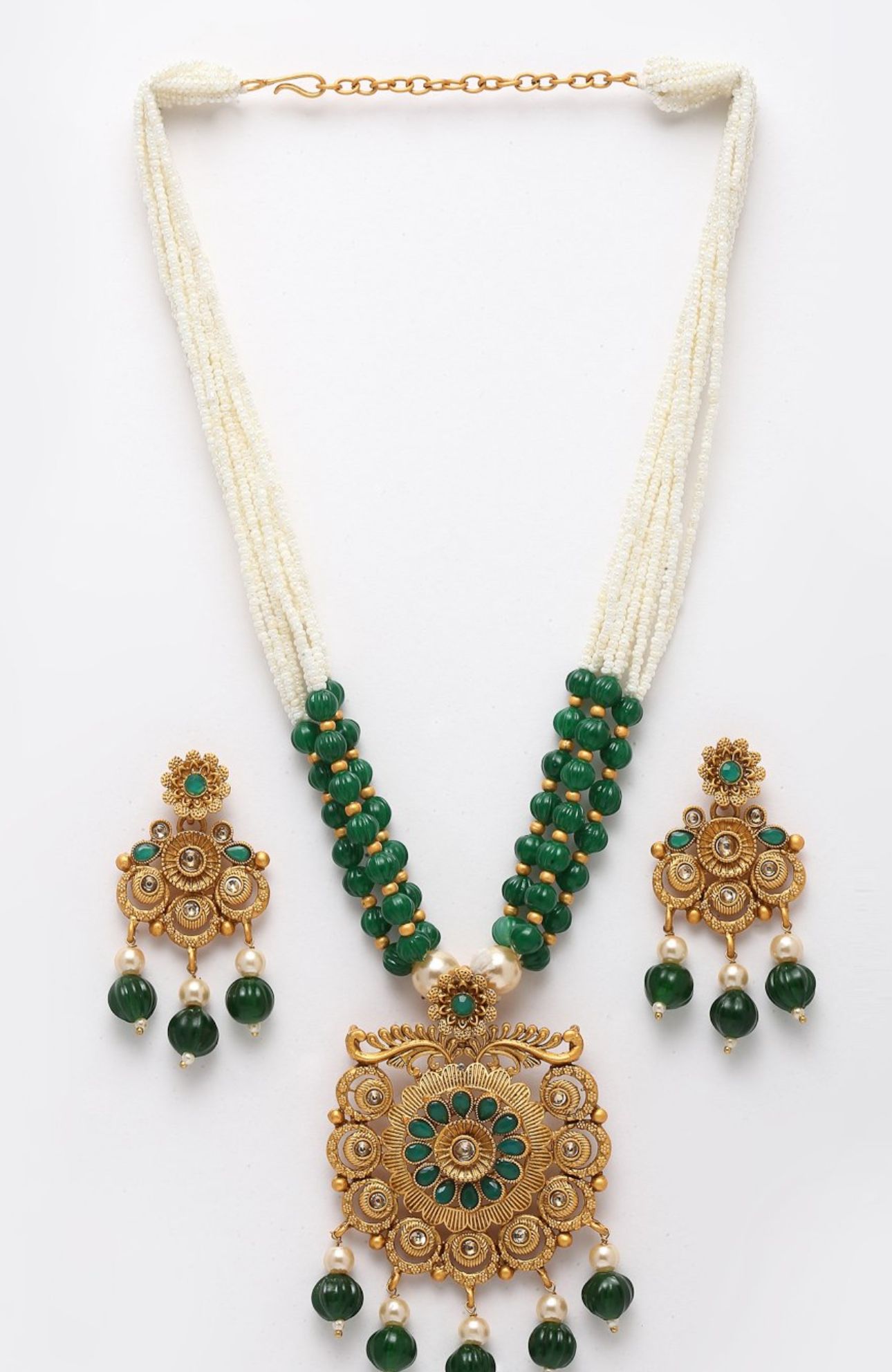Gold-Plated Green & White Stone-Studded & Pearl-Beaded Jewellery Set Germany