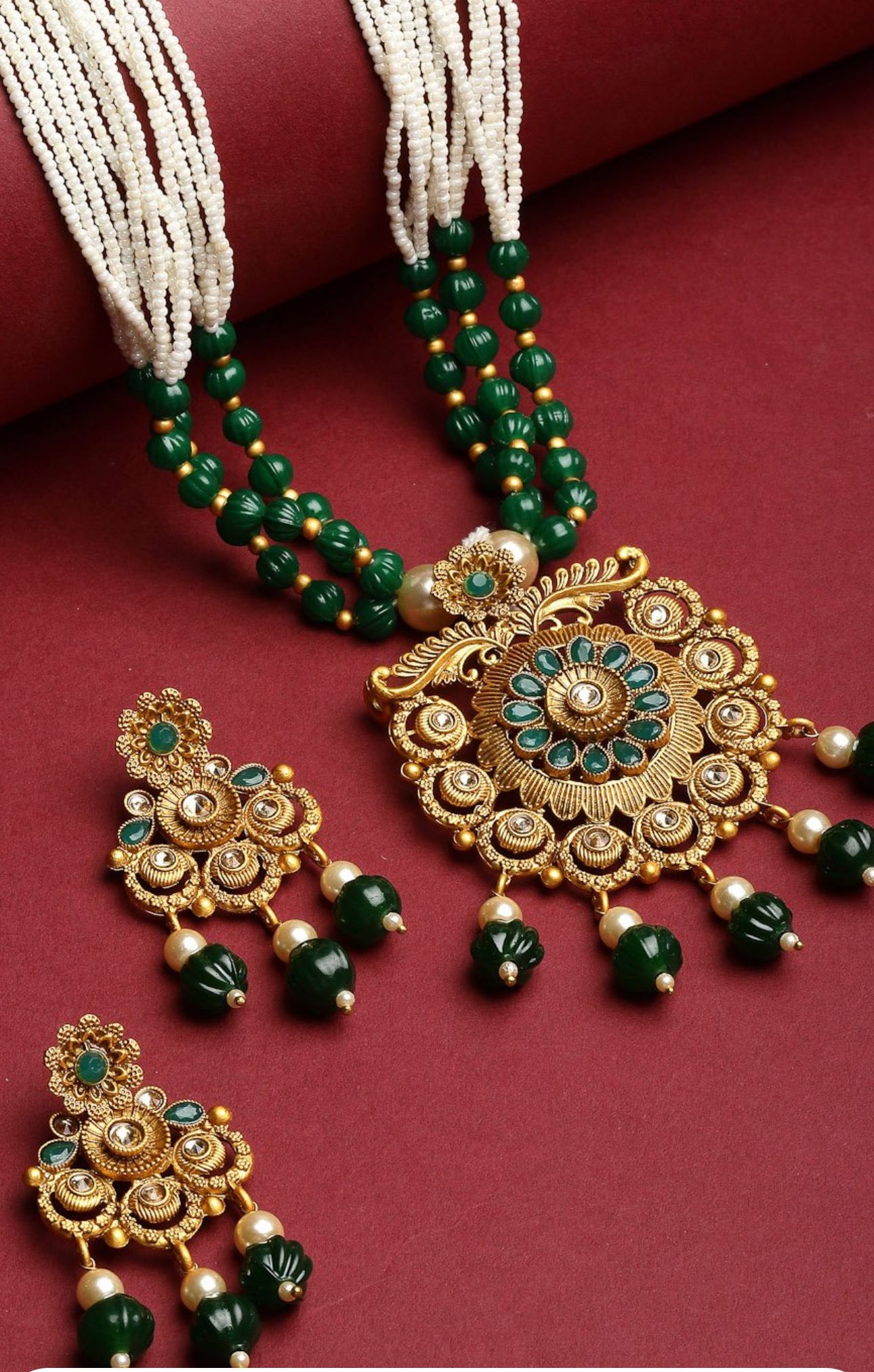 Gold-Plated Green & White Stone-Studded & Pearl-Beaded Jewellery Set Germany