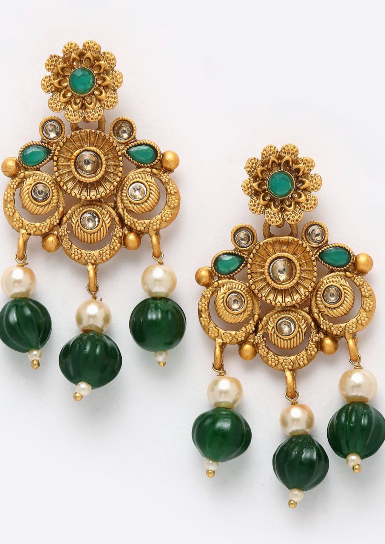 Gold-Plated Green & White Stone-Studded & Pearl-Beaded Jewellery Set Germany
