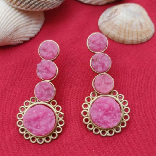 Contemporary Brass Handmade Elegant Pink Druzy Stone Dangle Earrings in Berlin